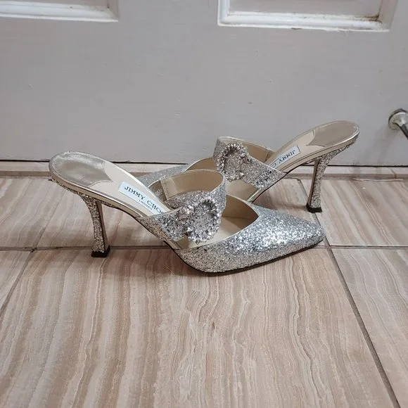 Jimmy Choo Silver Sparkle Glitter Wedding Crystal Buckle Marta Heel Mules - Picture 9 of 10